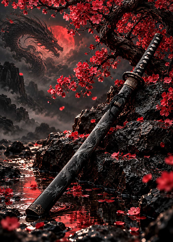 Katana Sword Under Red Cherry Blossoms