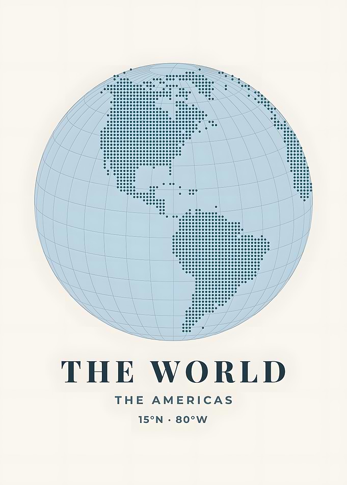 Dotted Americas Globe Coastal Blue World Map Print