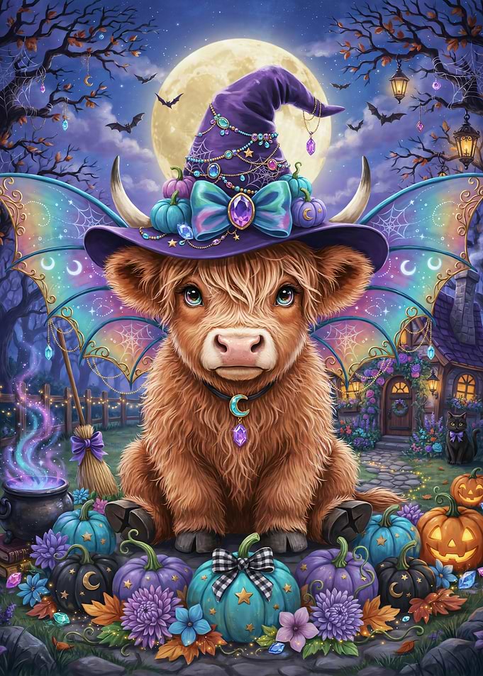 Cute Highland Cow Witch Halloween Art