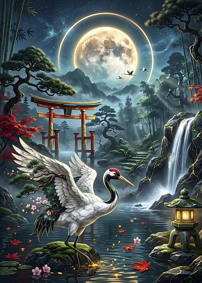 Majestic Crane in Japanese Garden