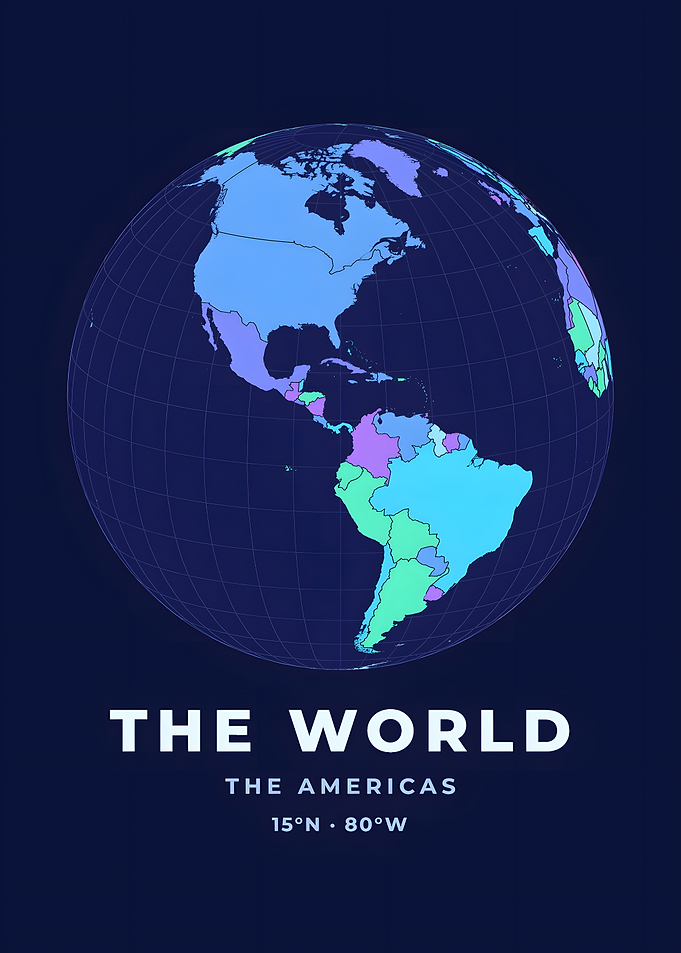 Americas Countries Globe Neon Blue World Map Poster