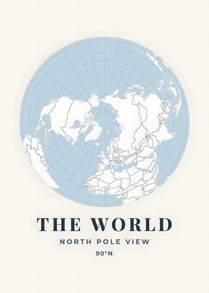 North Pole View Globe Coastal Blue World Map Print