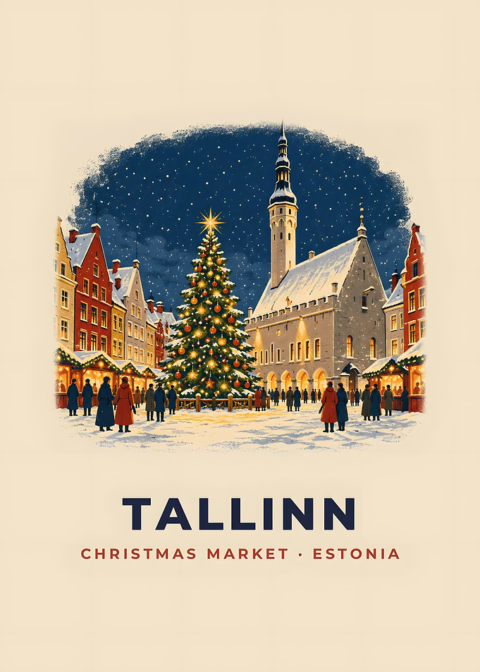 Tallinn Christmas Market Vintage Poster Old Town Tree
