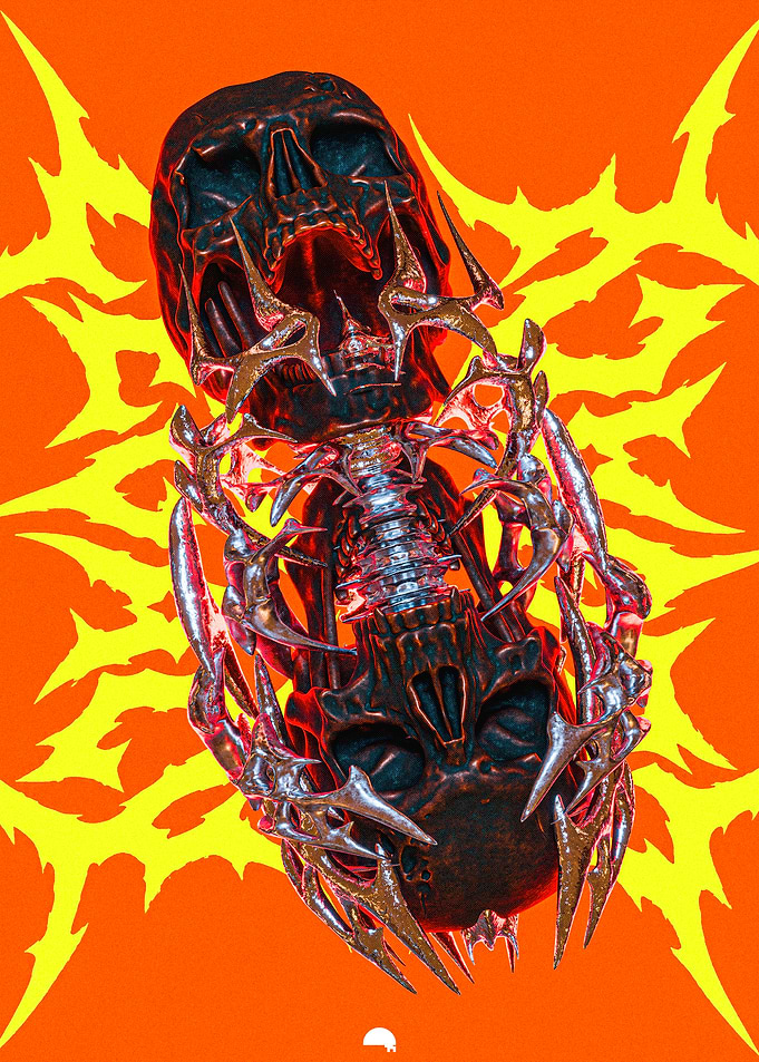 Surreal Metallic Skull and Spine Art