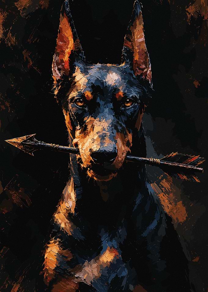 Doberman Holding Arrow Oil Painting