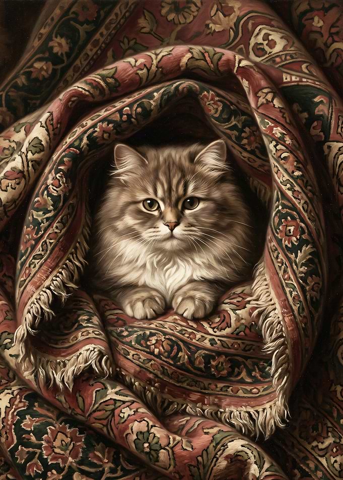 Fluffy Cat Nestled in Persian Rug