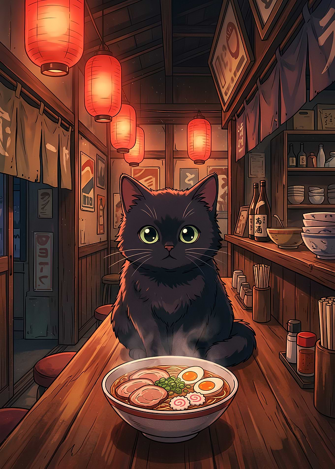 Black Cat Eating Ramen in Izakaya