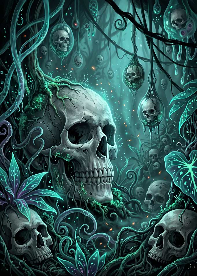 Cybernetic Eerie Bioluminescent Skull Magical Forest