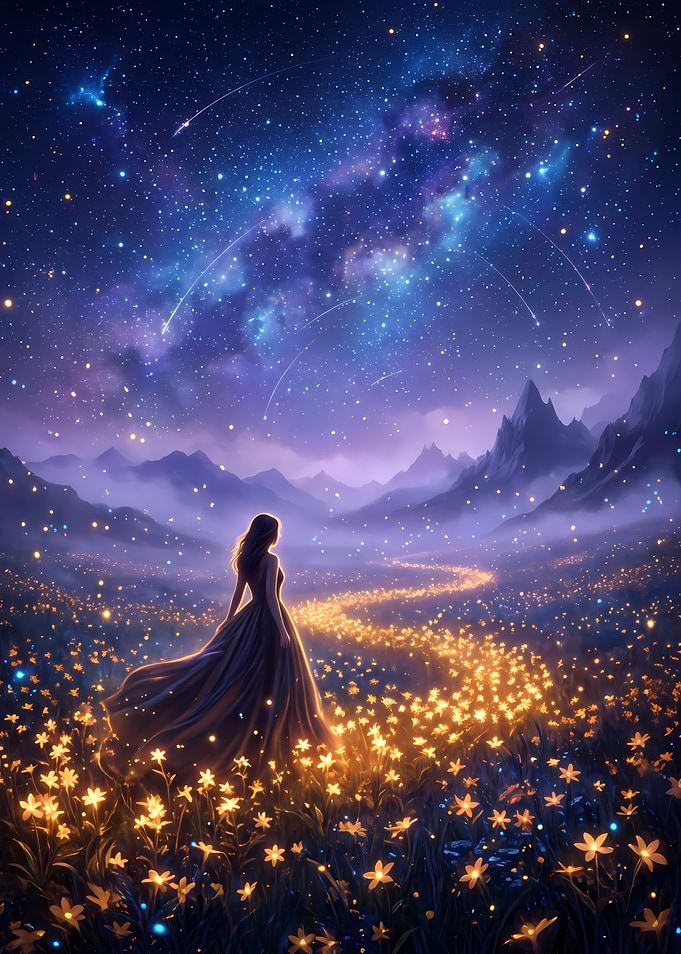 Woman Standing in Glowing Flower Field