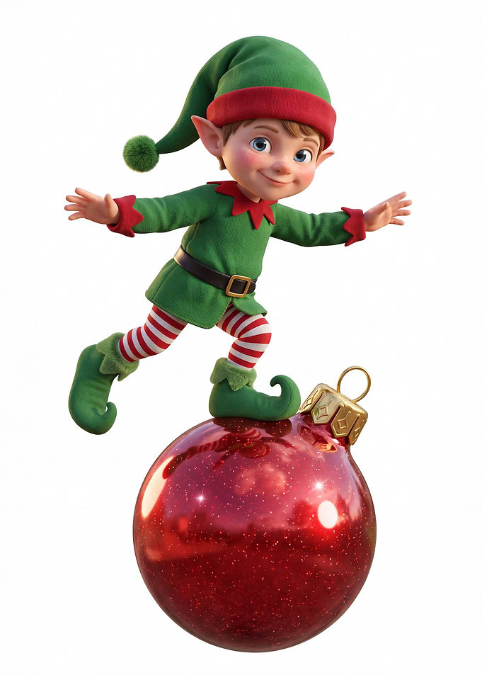 Cute Christmas Elf Balancing on Ornament