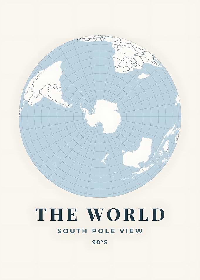 South Pole View Globe Coastal Blue World Map Print