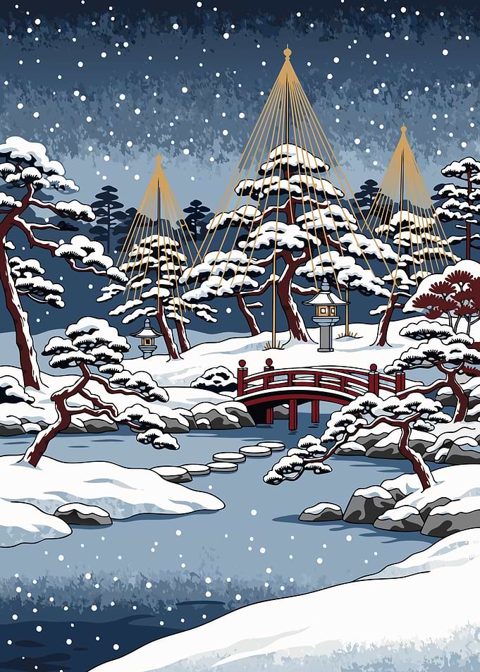 Snowbound Garden – Winter Serenity Beneath the Yukitsuri Pines