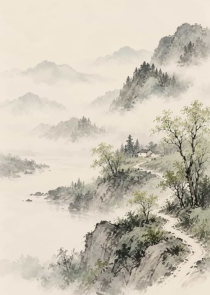 Misty Mountain Landscape Ink Wash Painting