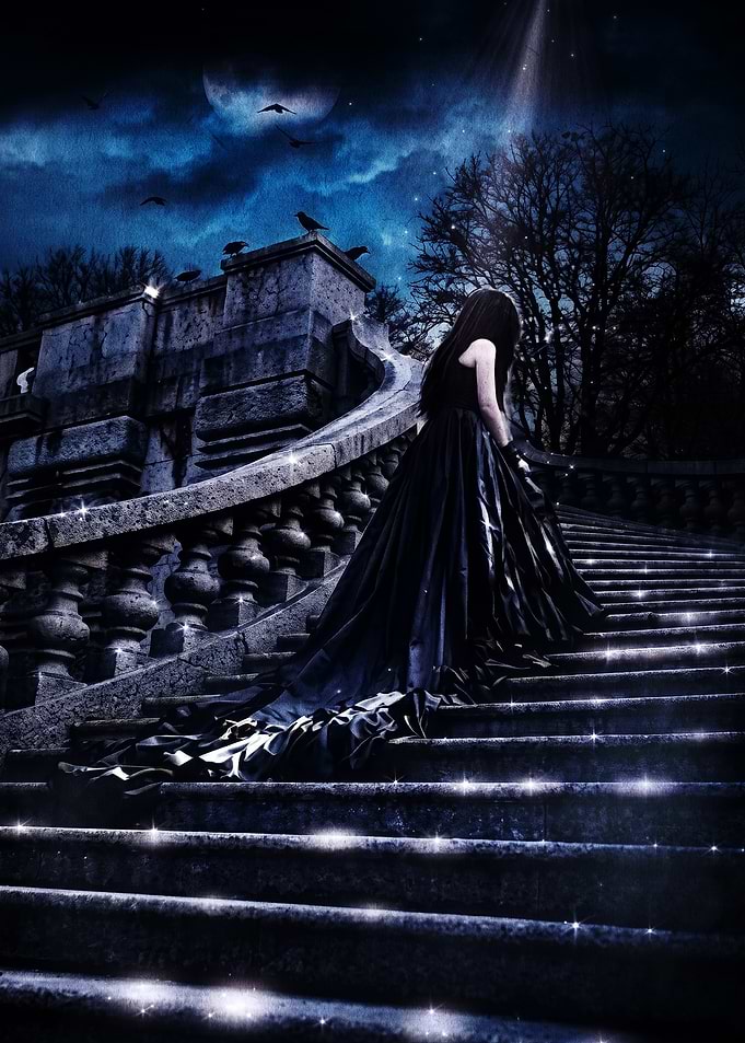 Gothic Woman Ascending Magical Stone Stairs
