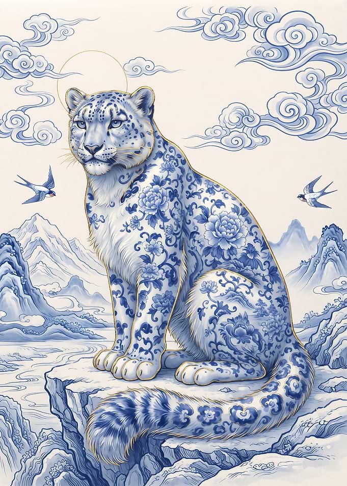 Porcelain Style Snow Leopard Illustration