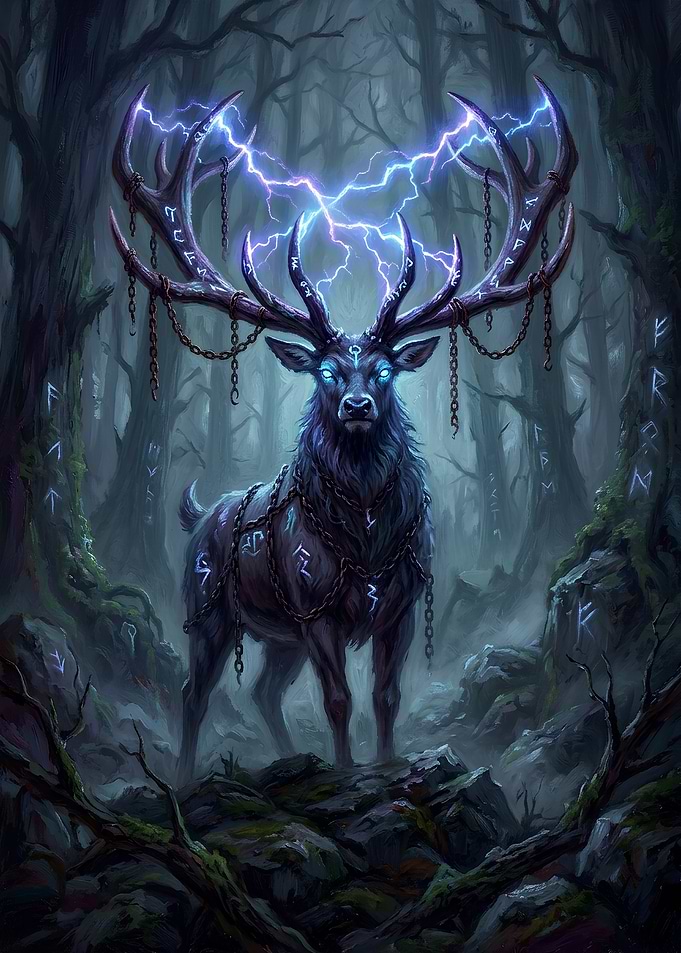Mystical Lightning Stag in Dark Forest