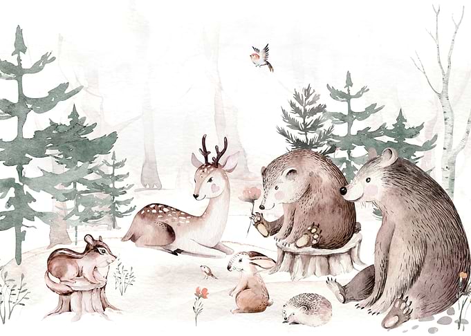 Woodland Bears and Friends in a Watercolor Forest