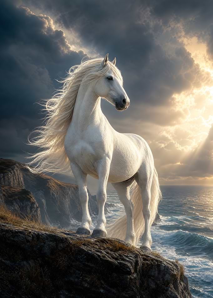 Majestic White Horse on Coastal Cliff