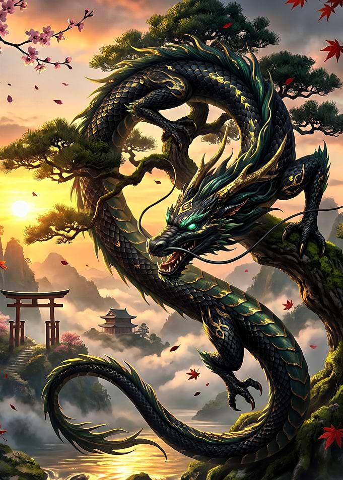 Black Dragon in Japanese Landscape