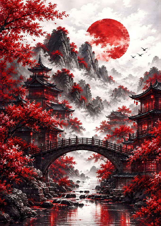 Red Moon Over Traditional Asian Temple