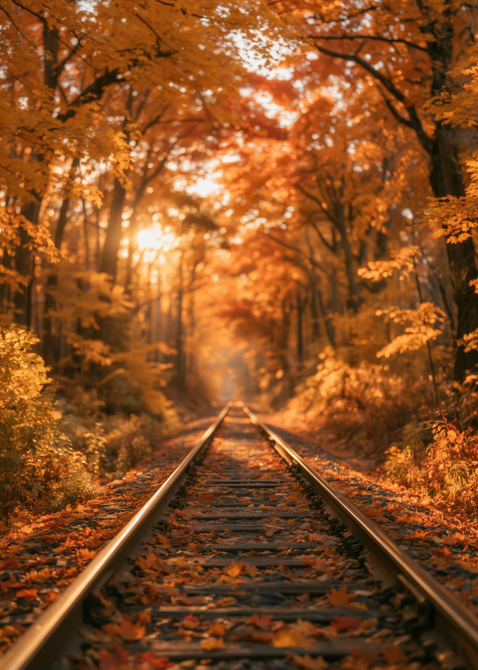 Autumn Railway Through Golden Forest