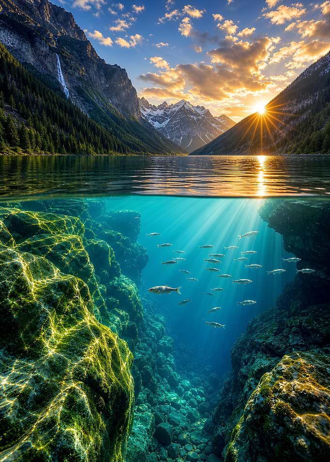 Split View of Mountain and underwater Lake Nature