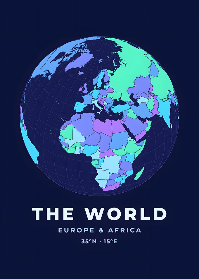 Europe And Africa Countries Globe Neon Blue World Map Poster