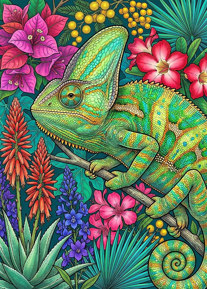 Vibrant Chameleon in Tropical Garden
