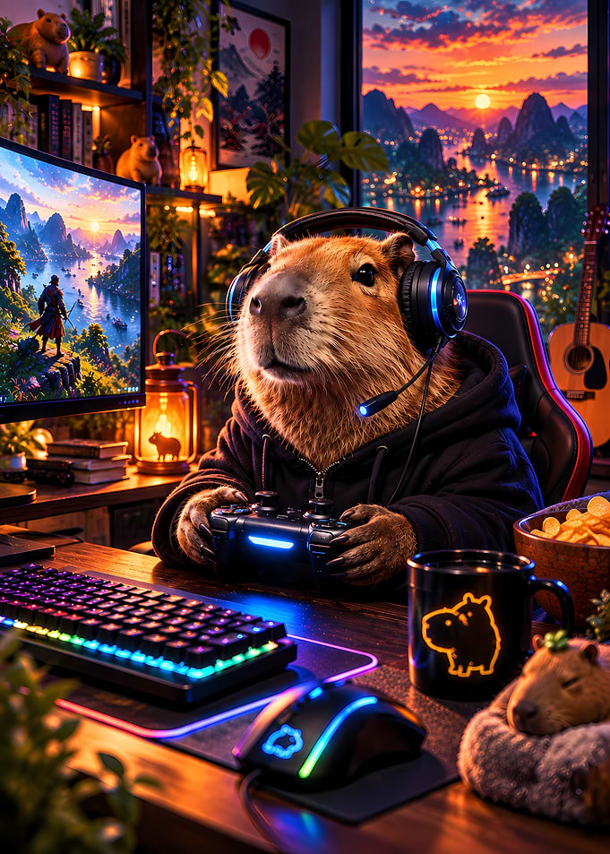 Capybara Gamer in Cozy Room