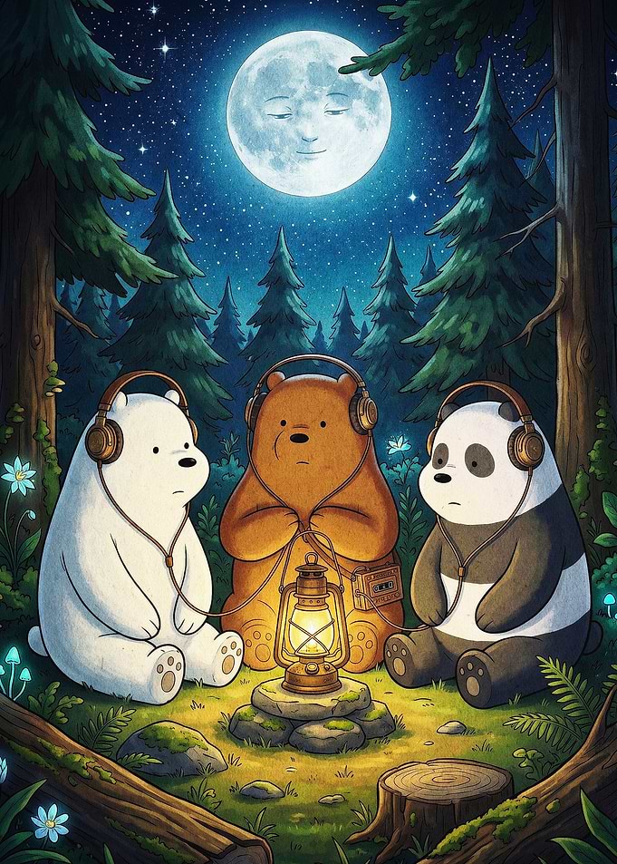 Bears Listening Music Fantasy Poste