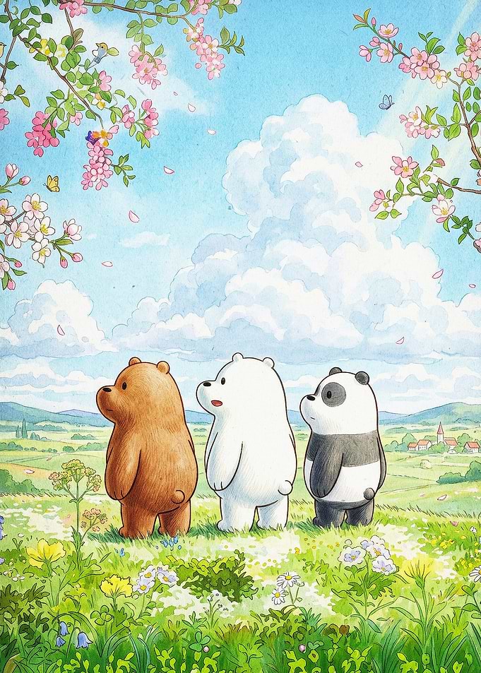 Bears Spring Meadow Watercolor Art