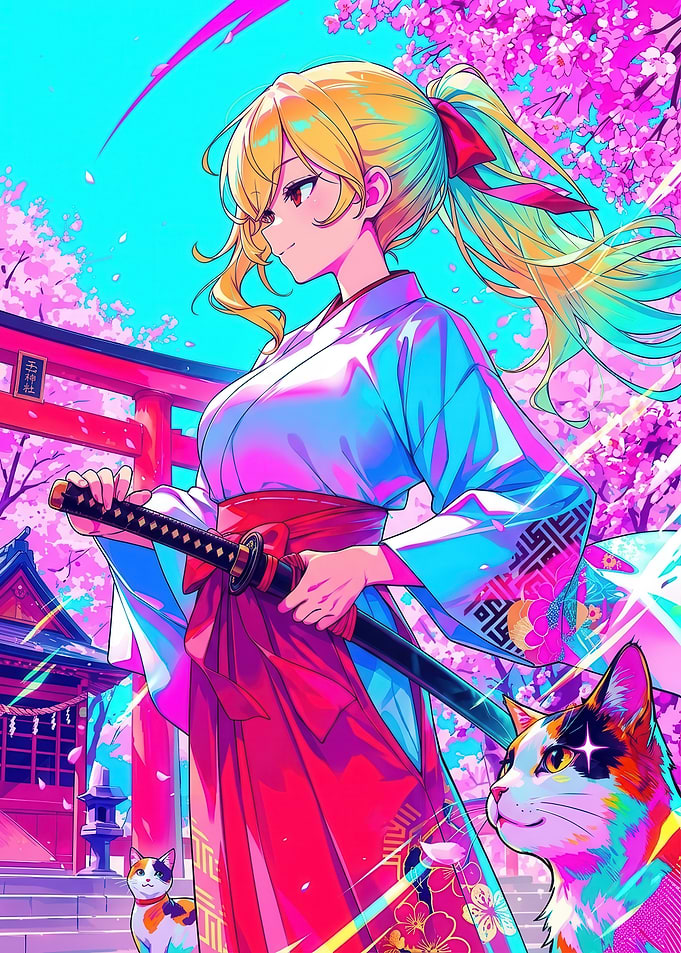 Girl with Katana and Cats anime-style
