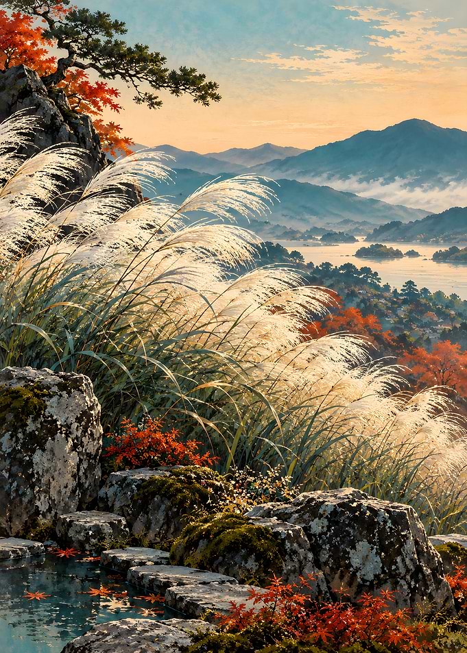 Autumn Japanese Landscape with Pampas Grass