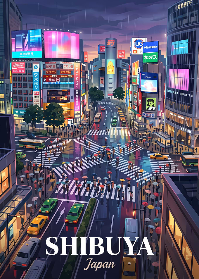 Shibuya Crossing Rainy Evening Poster