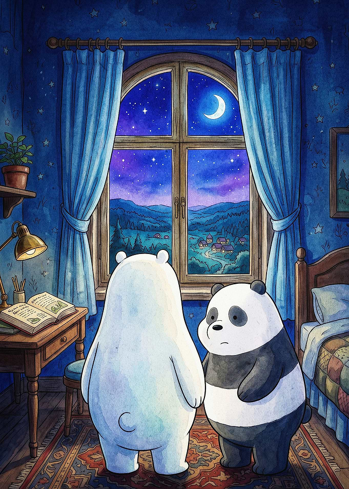 Bears Night Window Watercolor Art