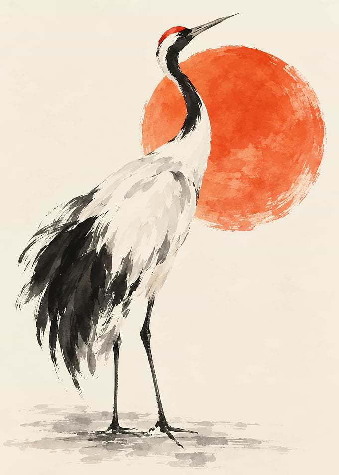 Japanese Red-Crowned Crane Ink Painting