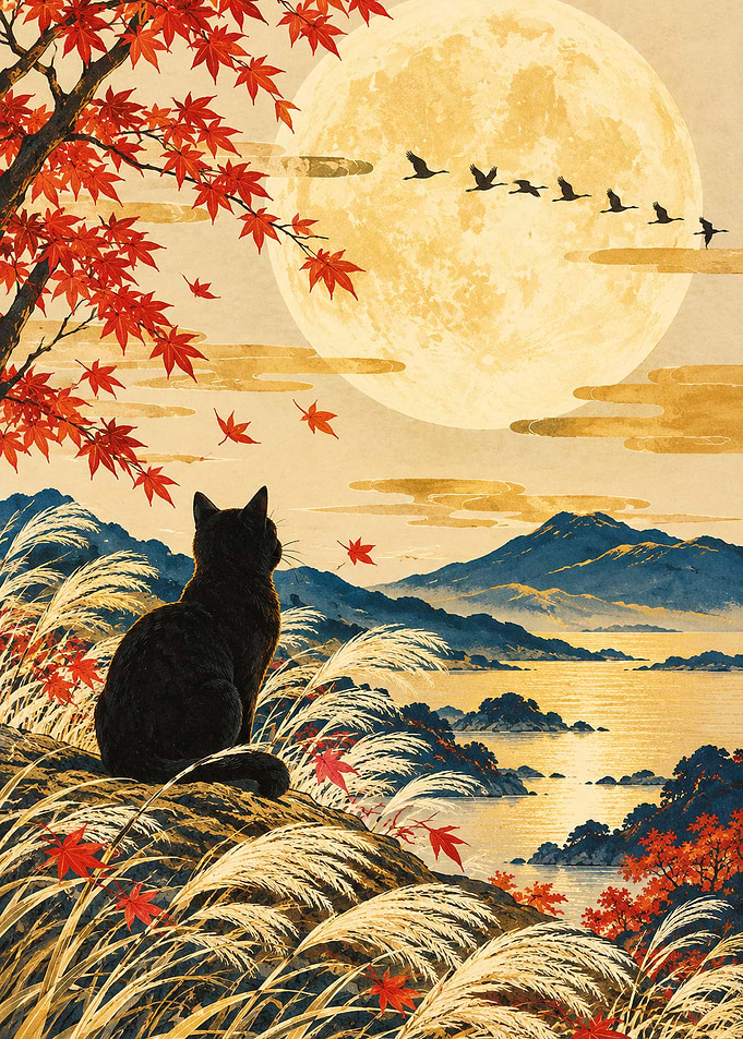 Black Cat Watching Autumn Moon