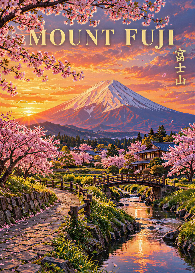Mount Fuji Cherry Blossom Sunset Poster
