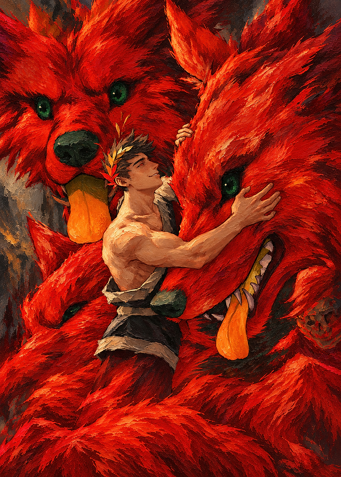 Zagreus Hugging Cerberus Fan Art