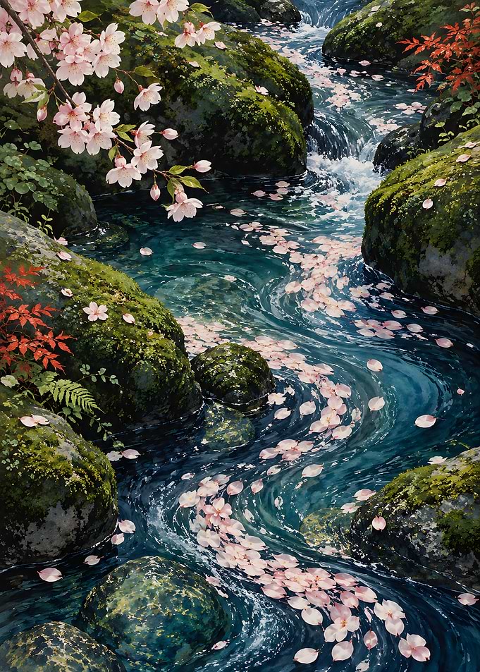 Cherry Blossoms Floating Down a Stream