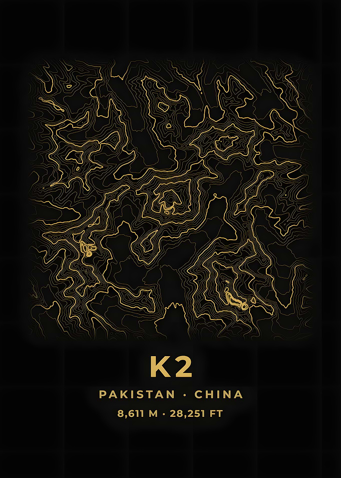 K2 Topographic Map Black Gold Poster