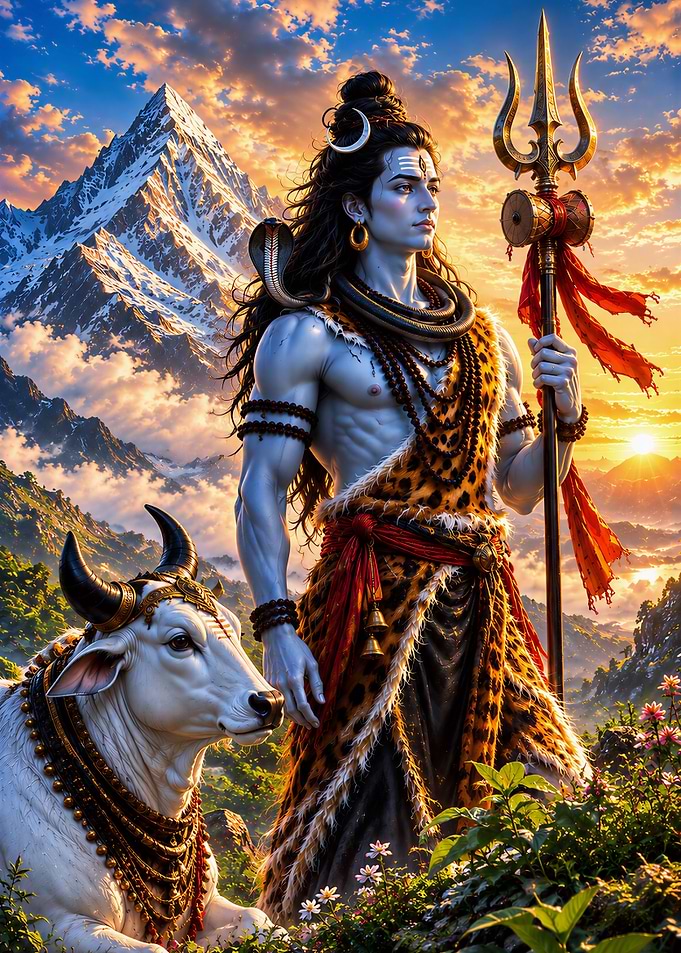 Lord Shiva Mahadev with Nandi | Divine Himalayan Sunset