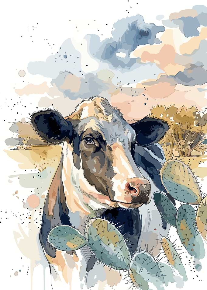 Watercolor Cow in Desert Landscape