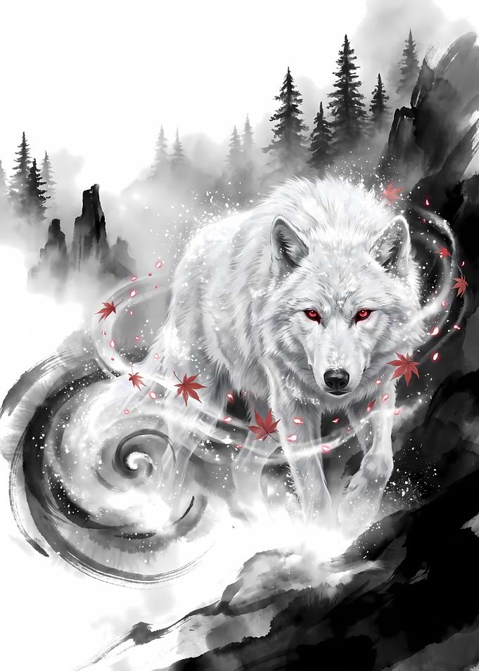 White Wolf with Red Maple Leaves