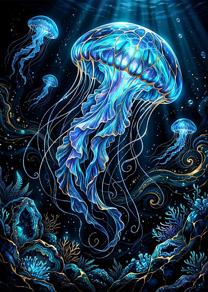 Bioluminescent Jellyfish in Deep Ocean