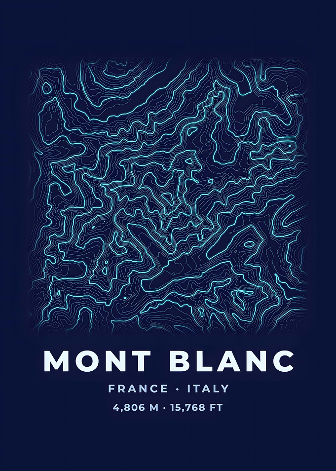Mont Blanc Topographic Map Neon Blue Poster