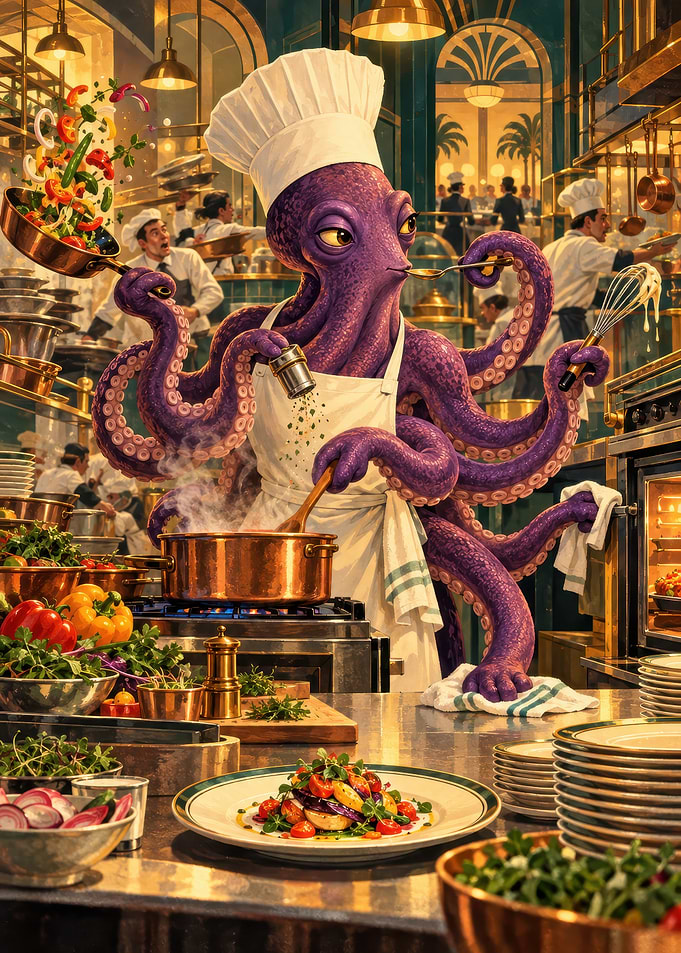 Octopus Chef Cooking in Busy Kitchen