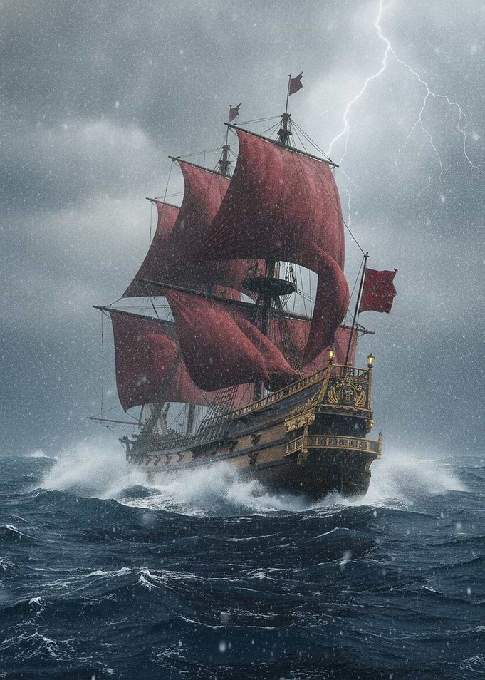 Galleon with Red Sails in Storm