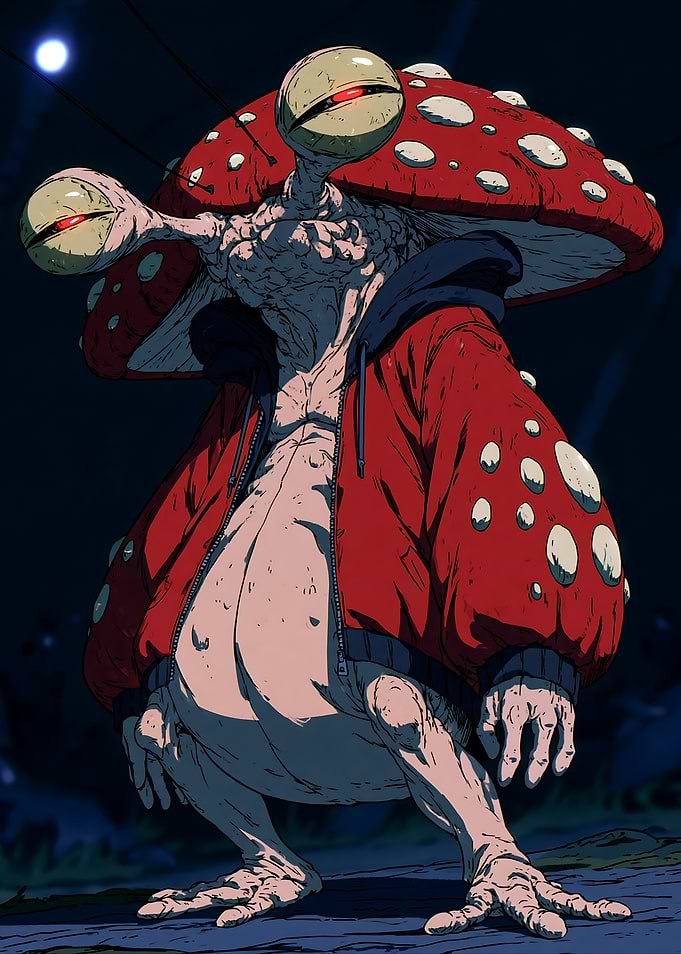 Mushroom Creature in Red Hoodie