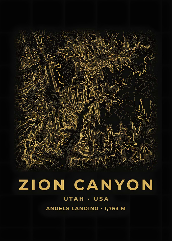 Zion Canyon Topographic Map Black Gold Poster